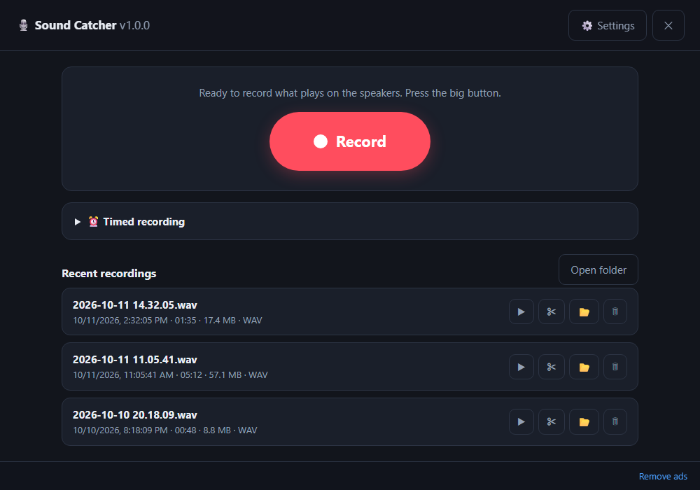 Sound Catcher's window in English: the big record button, left and right level meters, the recording schedule and the list of recent recordings, with the ad bar at the bottom